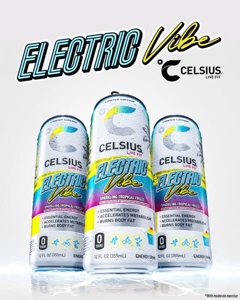 This ad for Celsius energy drink highlights the Electric Vibe flavor. It features a visually striking arrangement of thr