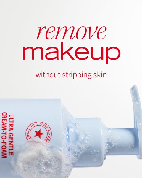 This ad for First Aid Beauty’s Ultra Gentle Cream-to-Foam cleanser highlights the product’s ability to remove makeup wit