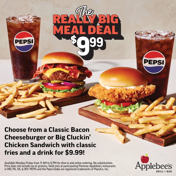This image ad promotes the Applebee's Really Big Meal Deal, which includes a choice of a Classic Bacon Cheeseburger