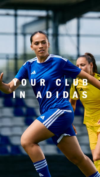 The ad features an image of a female athlete in Adidas-branded soccer gear, set on a soccer field, promoting Adidas as t