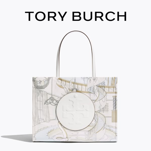This ad showcases a Tory Burch tote bag with an ornate interior design and a raised Tory Burch logo on the front.