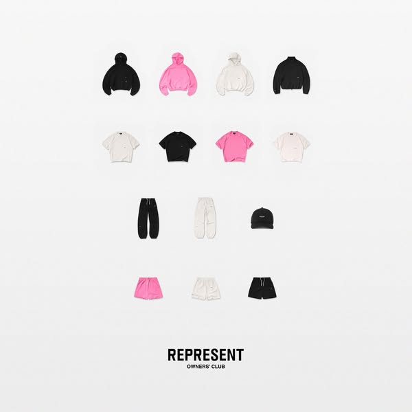 The ad shows a product grid featuring various apparel pieces by Represent Owners' Club, including hoodies, t-shirts,