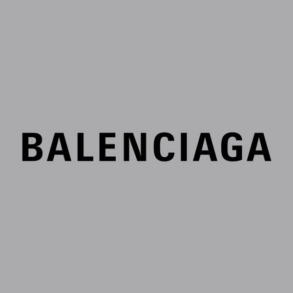 This image is a brand showcase that displays the Balenciaga logo in black against a gray background.
