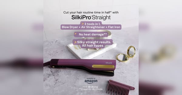 This ad highlights the Shark SilkiPro Straight, emphasizing its ability to cut hair routine time in half, function as th
