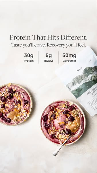 The ad promotes Form's performance protein powder. It features two smoothie bowls made with the protein powder and a