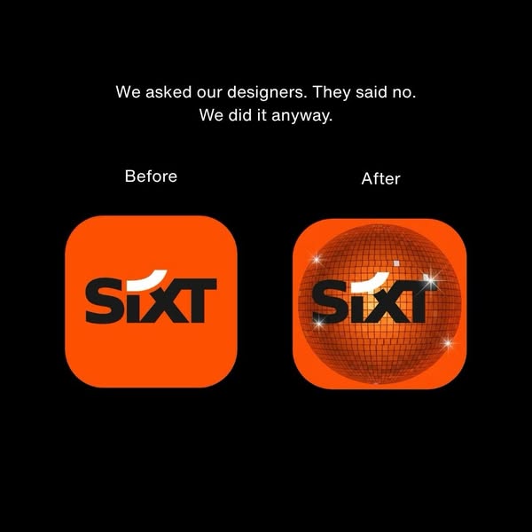 This ad uses a 'before and after' comparison to showcase the brand's updated app icon. The ad uses text to e