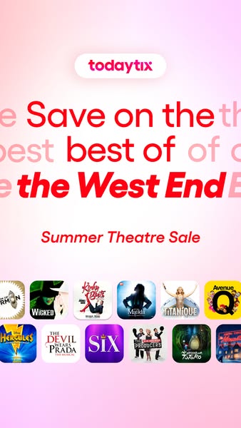 An advertisement from TodayTix promoting summer theatre sales, with rounded app icon visuals for various musicals.