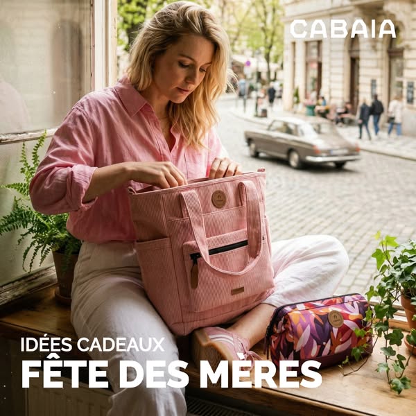 This ad features a woman sitting in a window with a Cabia tote bag and a smaller bag. The text indicates that these prod
