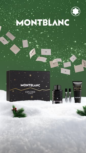 This ad showcases the Montblanc Explorer Extreme gift set in a wintery, festive setting, emphasizing the brand's lux
