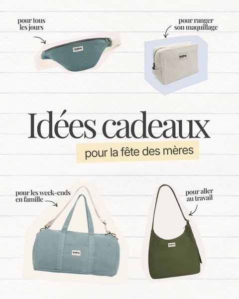 This image ad showcases four handbags of different shapes, sizes, and colors against a white background with light woode