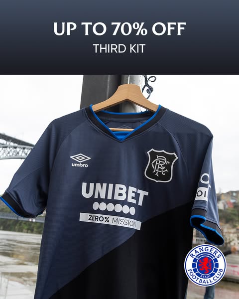 This ad promotes a sale of up to 70% off the third kit of the Rangers Football Club. The image shows the blue and black 