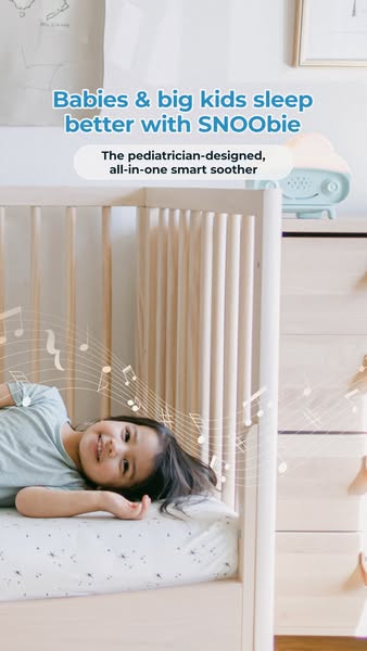 This ad promotes the Snoobie, a pediatrician-designed, all-in-one smart soother that helps babies and big kids sleep bet