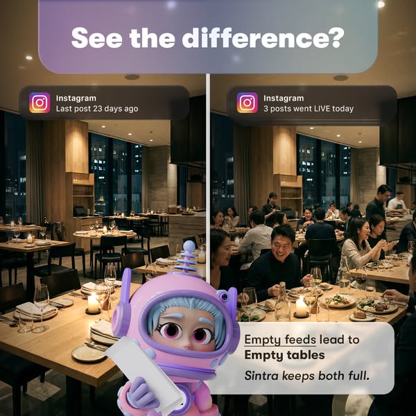 This ad shows the difference between having empty tables with no Instagram posts versus full tables with posts that went