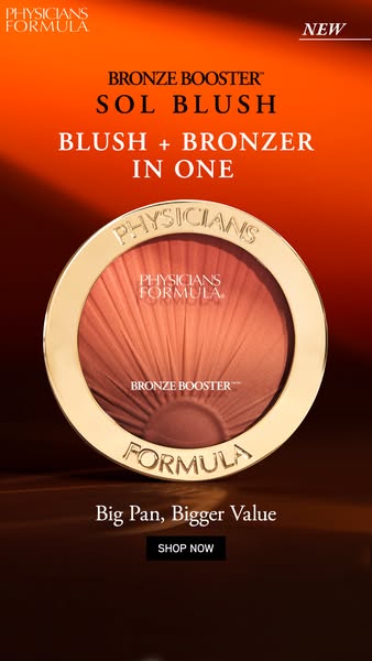 This image ad for Physicians Formula Bronze Booster Sol Blush highlights the 'blush + bronzer in one' aspect, em