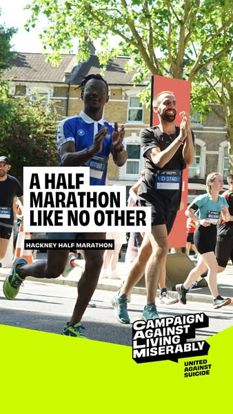 This image ad is for the Hackney Half Marathon and features runners in the race. The ad highlights the unique experience