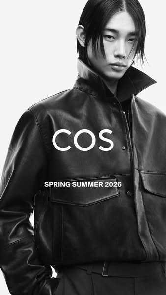 This ad showcases a leather jacket from COS’s Spring/Summer 2026 collection. The ad is monochromatic with a model wearin