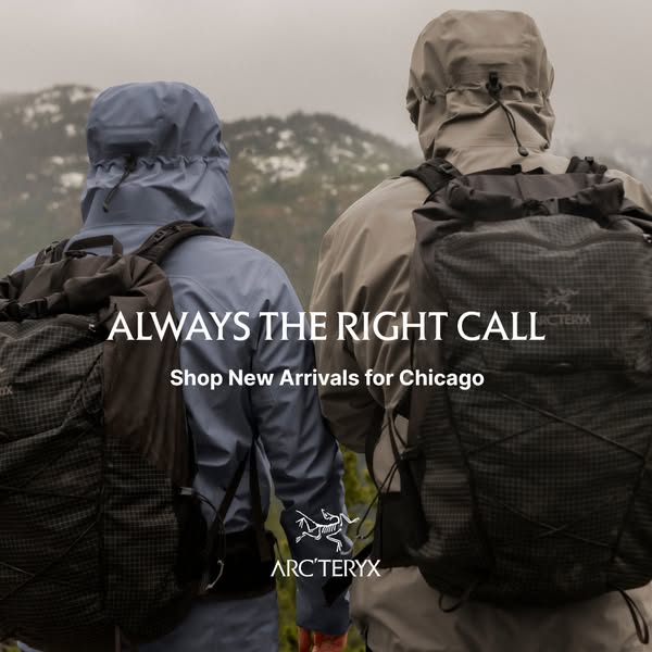 This image ad for Arc'teryx features two people in outdoor gear with backpacks, walking in a mountainous area. The a