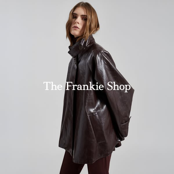 This ad by The Frankie Shop features a stylish, high-fashion, brown leather jacket worn by a model against a neutral bac