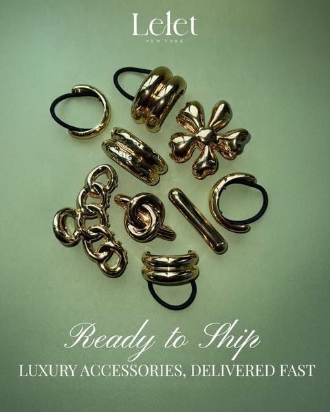 This ad showcases a variety of gold-colored hair ties from Lelet NY, emphasizing their luxury and availability for quick