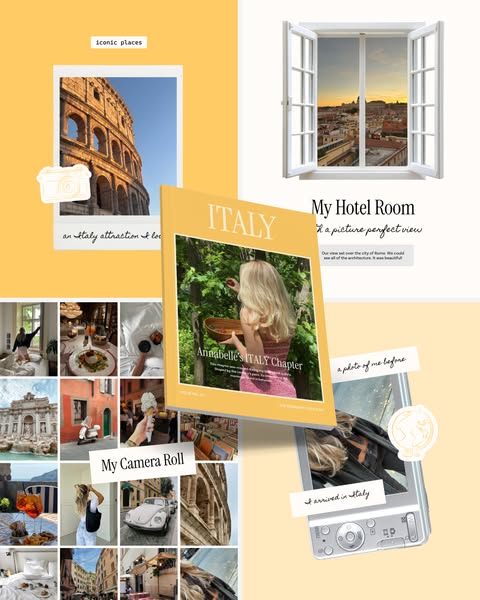 The ad emulates a social media post from a travel blog, highlighting iconic places, camera roll memories, and hotel room
