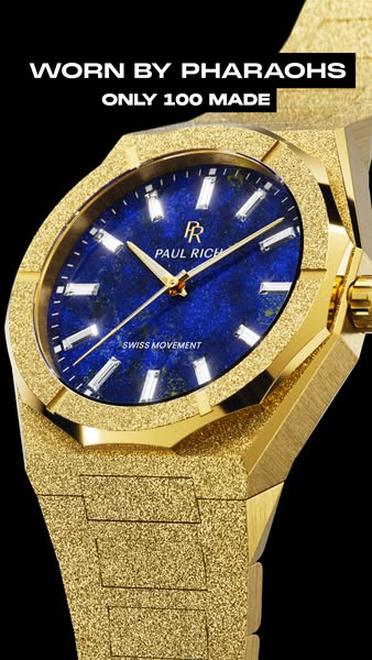 An image promoting a special-edition Paul Rich watch. The watch has a blue face and is gold colored. There is a limited 