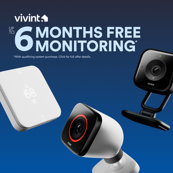 This ad promotes Vivint home security systems by offering up to 6 months of free monitoring with a qualifying system pur