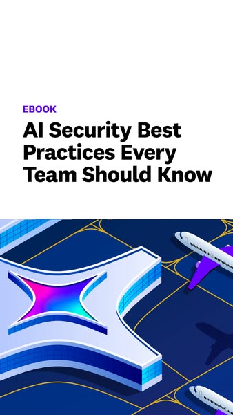 This ad promotes an ebook about AI security best practices for teams, using a stylized airport visual.