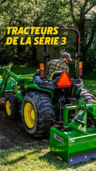 This image promotes John Deere's 3 Series tractors, highlighting their features within a rural setting.