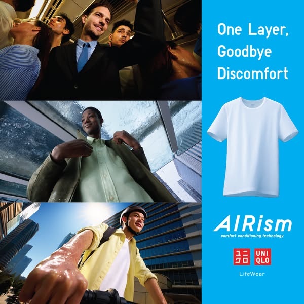 This image ad promotes AIRism shirts from UNIQLO with the message that they provide a single layer of clothing to provid