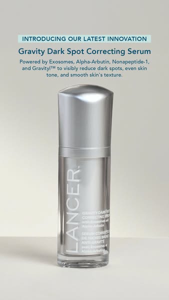 This image ad for Lancer's Gravity Dark Spot Correcting Serum highlights the product's key ingredients and benef