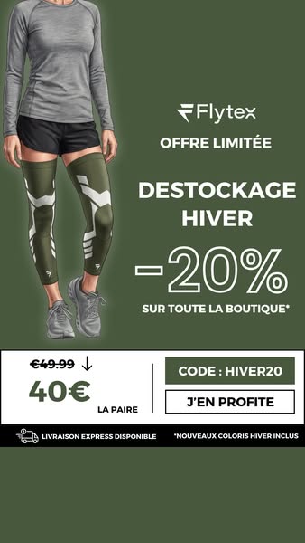 This image ad promotes Flytex's winter leg sleeves, offering a 20% discount on the entire store. It features a model