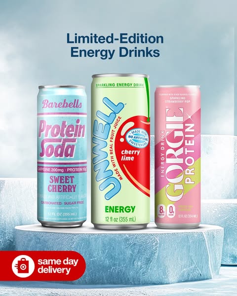 This image ad showcases three limited-edition energy drinks from Barebells, Unwell, and Gorgie Protein on a platform tha