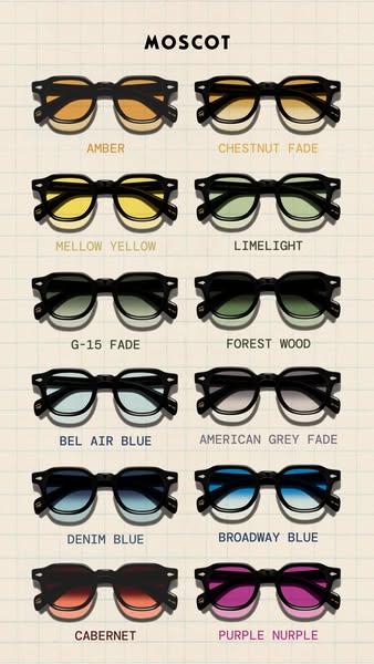 This ad showcases a grid of MOSCOT eyewear with different lens colors. Each pair is labeled with a color name.