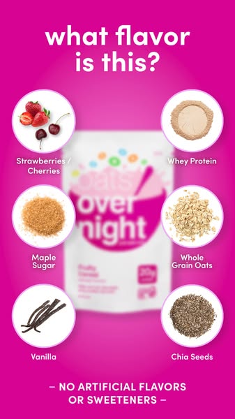 The ad asks the question, "What flavor is this?" The ad features an Oats Overnight package with several ingred