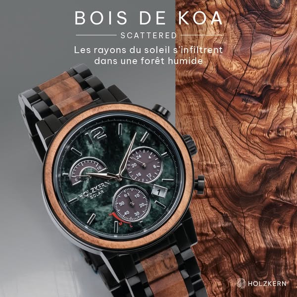 This ad showcases a Holzkern watch with a wooden band and face, emphasizing its connection to nature through visuals and