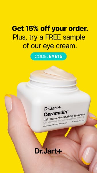 This ad promotes Dr. Jart's Ceramidin Skin Barrier Moisturizing Eye Cream with a discount and free sample offer. The