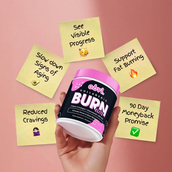 This image ad for Obvi Collagenic Burn Elite uses a visually appealing layout with sticky notes to highlight key benefit