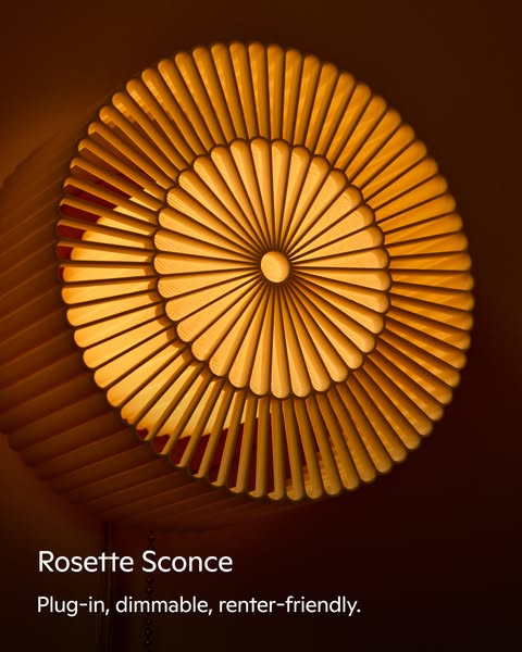 This image ad promotes the Rosette Sconce, highlighting its plug-in, dimmable, and renter-friendly features. The ad feat