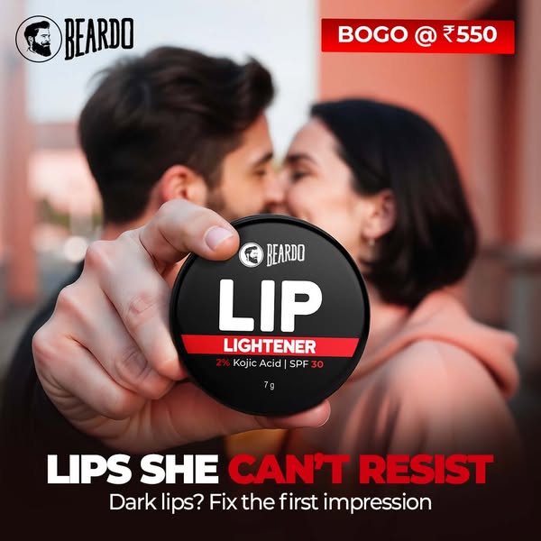 This ad promotes Beardo's lip lightener product with a BOGO offer. It features a couple in the background and focuse