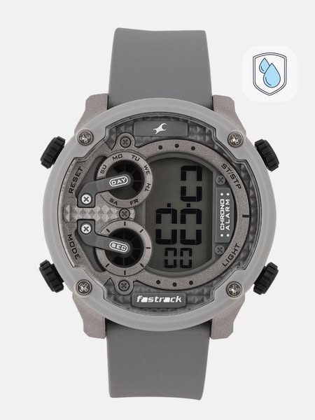 This ad features a gray Fastrack digital watch. The ad highlights the watch's design and potentially its water resis
