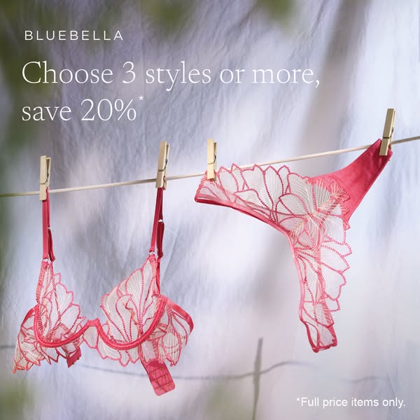 This ad showcases a bra and underwear set by Bluebella, offering a discount for purchasing multiple items. The lingerie