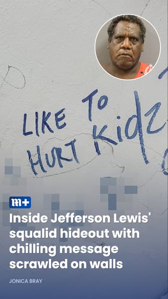 This ad contains images of the squalid hideout of Jefferson Lewis. Scrawled on the walls is a chilling message.