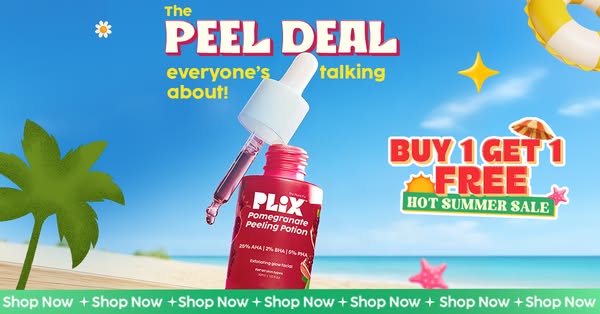 This image ad for PLIX promotes their Pomegranate Peeling Potion as "The Peel Deal" and offers a Buy 1 Get 1 F