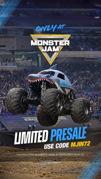 This Monster Jam ad promotes a limited presale with a promo code. A monster truck jumps in front of a crowd, the Monster