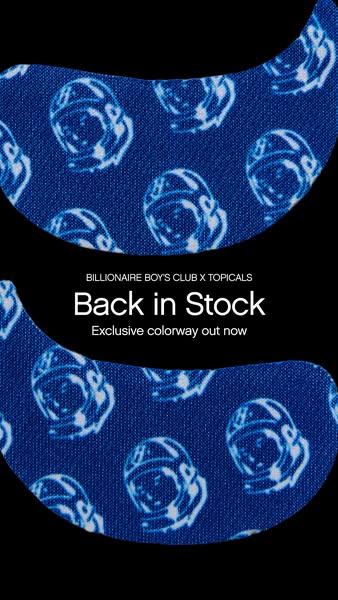This image ad from Billionaire Boys Club x Topicals announces the return of their exclusive colorway of eye masks.