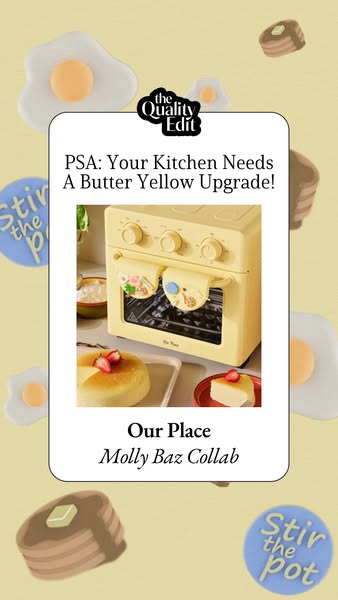 This image ad for Our Place promotes a butter yellow kitchen upgrade, specifically featuring the brand's oven. The a