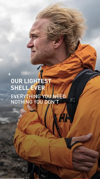This ad showcases a man wearing a Helly Hansen shell jacket in an outdoor environment. The ad highlights the jacket'