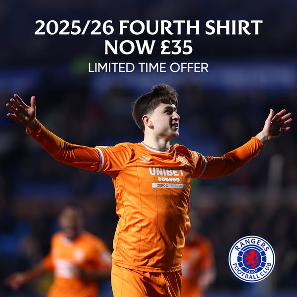 Ad for the 2025/26 Fourth Shirt for Rangers Football Club. It showcases the shirt being worn by a player, and notes the 