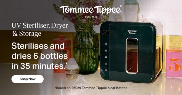 This image ad highlights the Tommee Tippee UV sterilizer, dryer, and storage machine. It emphasizes its ability to steri