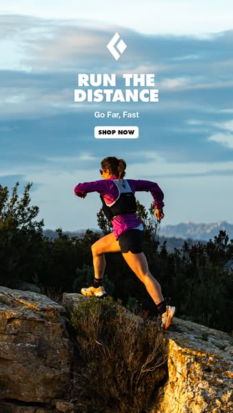An image ad showcasing a person trail running in nature. The ad emphasizes the brand's high-performance capability w